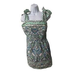 Shoshanna Paisley Tie Strap Mini Dress Size 8 Blue Green Smocked Back Cotton